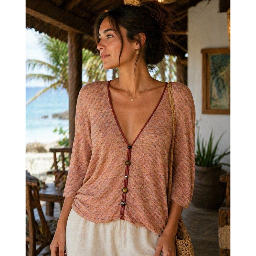 Mimi Chica Open Front Knit Cardigan Women Large Pink Marled Beaded Y2K